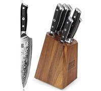 SHAN ZU Bloque de cuchillos Damasco, Juego de Cuchillos de Cocina 7 Piezas | Acero Japonés de 67 Capas, Mango de G10, Set de 5 Cuchillos y 1 Afilarfor & Bloque de Madera - PRO Series