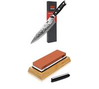 SHAN ZU Cuchillo de Cocina Damasco, 20cm Cuchillo Chef Japones de Acero Damasco de 67 Capas & Piedra de Afilar Cuchillo de Piedra Afiladores Manuales 1000/6000 Grano