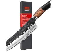 SHAN ZU Cuchillo Santoku Japonés Forjado a Mano, Cuchillo de Cocina 9,5 cm, 7 Capas Cuchillo de Cocinero Afilado de Acero 10Cr15MOV, Cuchillo Profesional para Verdura y Carne, Mango de Madera de Arce