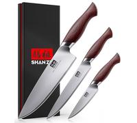 SHAN ZU Juego de 3 Cuchillos de Cocina Japonés, Set de Cuchillo Profesionales, Hoja Afilada con Acero Inoxidable 10Cr15MoV (62HRC), Mango Ergonomico Madera - Cuchillo de Chef, Multiusos, Pelador
