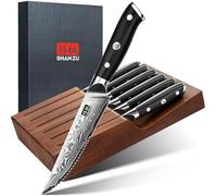 SHAN ZU Juego de 6 Cuchillos de Mesa de Damasco de 11 cm con Bloque, Cuchillos de Carne Japoneses Dentados de Acero de Alto Carbono con Mango Ergonómico G10 y Caja de Regalo - PRO Series