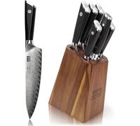 SHAN ZU Juego de bloques de cuchillos de Damasco de la serie GYO, 5 cuchillos y 1 acero para afilar con bloque de cuchillos de madera de primera calidad