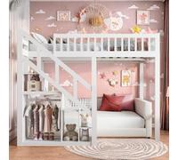 SHAODENG Litera de 90 x 200, cama alta para niños con escalera y armario de almacenamiento, cama juvenil con somier que ahorra espacio, cama de juegos para habitación infantil, color blanco