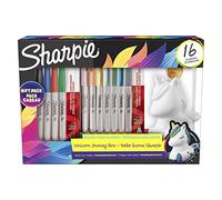 Sharpie paquete regalo rotuladores permanentes, Hucha unicornio y rotuladores, Punta fina, Surtido colores Mystic Gem, 16 unidades, Regalos de unicornio para niños y niñas