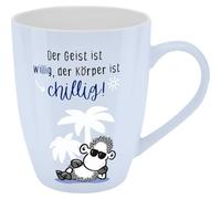 Sheepworld Taza con diseño de texto en alemán Der Geist ist willig, der Körper ist chillig!, mit Banderole