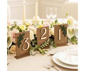 Shein 1-10 Elegantes placas de números de mesa de boda de madera con soportes, decoradas con hojas de eucalipto, adecuadas para recepciones de bodas, centro