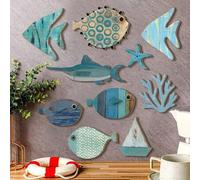 Shein 1/10 Piezas Decoración de pared de arte de madera de 2D con peces, estrellas de mar y coral de tema oceánico, escultura de pared de peces, decoración