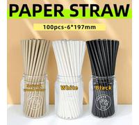 Shein 1/100 Pajitas de papel desechables de moda, disponibles en colores negro/blanco/madera natural, de papel, inodoras, adecuadas para café, zumo, leche c