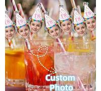Shein 1/12/24 piezas Pajitas personalizadas con cara, Pajitas de papel con foto personalizada con sombrero de cumpleaños rosa - Decoraciones de fiesta de cu