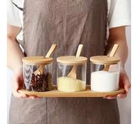 Shein 1/2/3 piezas Caja de condimentos de vidrio con base de madera, frascos de especias con cucharas, recipientes de condimentos de vidrio con cucharas - P