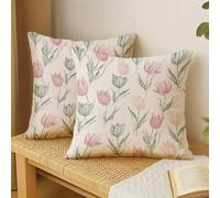 Shein 1/2/4 piezas Fundas de almohada elegantes pintadas a mano con tulipanes - Rosa suave y verde gris, 17.7x17.7 pulgadas, cierre con cremallera, lavable