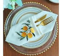 Shein 1/2/4 piezas Servilletas de tela con bordado de limón fresco, servilletas de algodón y lino beige reutilizables, de uso múltiple como manteles individ