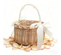 Shein 1/2 piezas Cesta de mimbre para niña de las flores/1 pieza Tocado, Cesta de sauce tejida a mano con asa de perlas y lazo Cesta de flores de hada, Boda
