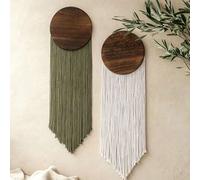 Shein 1/2 piezas Decoración de pared colgante de macramé estilo bohemio, tapiz de pared con panel de madera redondo y borlas, arte de pared tejido en beige