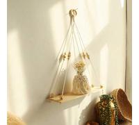 Shein 1/2 piezas Estante colgante de almacenamiento tejido con cuentas de madera, estante de pared de cuerda de madera clara, estante colgante de plantas de
