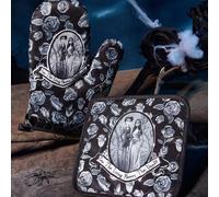 Shein 1/2 piezas Juego de agarraderas/porta ollas de satén negro vintage con volantes, resistente al calor, esencial para hornear, aísla eficazmente el calo
