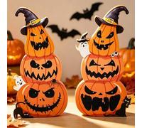 Shein 1/2 piezas Letreros de mesa de calabaza apilada de Halloween, decoración de madera de linterna con purpurina con sombrero de bruja, gato negro, fantas