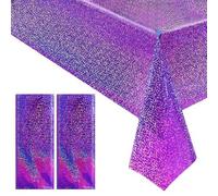 Shein 1/2 piezas Mantel de mesa holográfico láser púrpura, mantel de plástico púrpura brillante, mantel rectangular desechable de papel de aluminio de 54" X