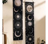 Shein 1/2 piezas Tapiz de pared colgante con flecos tejidos a mano, estilo bohemio, con patrón de sol, luna y estrellas, bandera negra, decoración de astrol