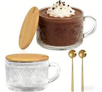 Shein 1/2 piezas Taza de leche de vidrio vintage, taza de té transparente con relieve, con tapa y cuchara, adecuada para capuchino, latte, cereales, yogur,