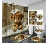 Shein 1/3/4 piezas Juego de baño con patrón lindo de vaca de las tierras altas, incluye cortina de ducha, tapa de inodoro, alfombra de baño y tapete, de tel