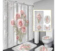 Shein 1/3/4 piezas Juego de cortina de baño con relieve de rosa rosa, cortina de ducha de estilo romántico y lujoso, impermeable y durable para decoración d