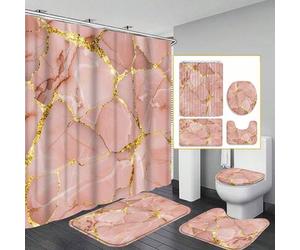 Shein 1/3/4 piezas Juego de cortinas de baño modernas con patrón de mármol rosa, resistentes al agua y al desgaste, incluye tapa de inodoro, alfombra de bañ