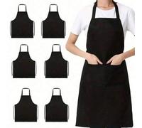 Shein 1/3/5/10 piezas Delantal de poliéster para mujer, negro simple con bolsillos, cintura reforzada, ropa de trabajo de cocina y tareas del hogar de moda,