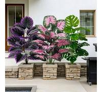 Shein 1/3 piezas Juego de plantas artificiales grandes, juego de plantas falsas realistas con plantas púrpuras elegantes, Monstera & plantas rosas para el h