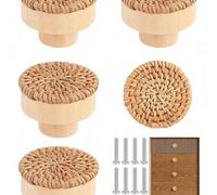 Shein 1-3 piezas Tiradores de cajón de ratán trenzado, Pomos de aparador estilo bohemio de 1.57in/40mm, Tiradores de gabinete de madera hechos a mano, Tirad