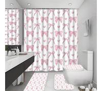 Shein 1/4 Pieza Cortina de ducha con lazo rosa lindo, Juego de cortinas de baño modernas y elegantes, Incluye cortina de ducha impermeable, alfombra antides