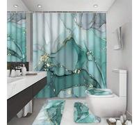 Shein 1/4 Piezas Conjunto de Cortina de Baño con Patrón de Mármol Azul y Verde, Cortina de Ducha Impermeable con 12 Ganchos, Alfombra en Forma de U, Tapa de