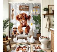 Shein 1/4 piezas Elegante y Lindo Conjunto de Baño con Patrón de Vaca de Otoño - Cortinas de Baño, Incluye Cortina de Ducha Plana 2D y 12 Ganchos, Alfombra