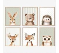 Shein 1/6 piezas Mural de bosque verde salvia con animales del bosque lindos, oso y zorro, pintura en lienzo, decoración para dormitorio infantil y sala de