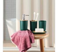 Shein 1 Juego de 4 accesorios de baño minimalistas en verde oscuro, soporte para cepillo de dientes con tapa de bambú reutilizable, decoración del hogar par