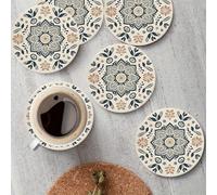 Shein 1 Juego de 6 piezas Posavasos de madera estilo bohemio - Diseño floral mandala, 10*10cm, Beige y Azul marino Decoración del hogar, Regalo de fiesta, P