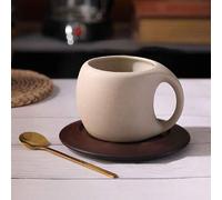 Shein 1 Juego de taza de café y platillo de cerámica retro con posavasos de madera y cuchara de metal, diseño de cerámica artesanal rústica, juego de taza d