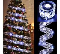 Shein 1 m / 3 m / 5 m / 10 m Guirnalda de luces LED para decoración navideña, cinta de alambre plateado con luces blancas, lazo de cinta de satén con luces