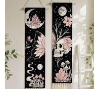 Shein 1 pieza/2 piezas Juego de tapices con borlas de calavera y flores, tapiz bohemio de luna, hongo, calavera y flores con borlas, decoración de sala de e