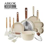 Shein 1 pieza/3 piezas/12 piezas Juego de utensilios de cocina antiadherentes con mangos de madera - Incluye sartén, cacerola, sartén para desayuno/panquequ