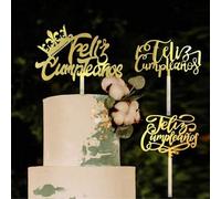 Shein 1 pieza/3 piezas/6 piezas Decoración para tarta de cumpleaños de acrílico dorado con "Feliz Cumpleaños", adecuado para decorar tartas de fiesta de cum