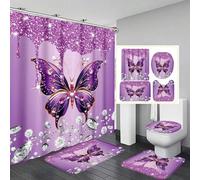 Shein 1 pieza/4 piezas Conjunto de cortina de ducha con mariposa de strass brillante, impresionante cortina de baño impermeable con 12 ganchos, alfombra de