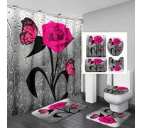 Shein 1 pieza/4 piezas Cortina de ducha impermeable y aislada de poliéster con rosas rosadas en forma de gota de agua y mariposas, con 12 ganchos, alfombra