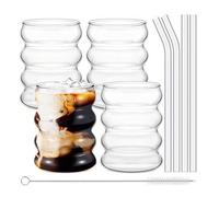 Shein 1 pieza/4pcs Vaso de vidrio ondulado de 300ml 10.14oz, Cristalería con pajitas, Cristalería acanalada, Vaso de vidrio transparente con forma de onda,