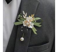 Shein 1 pieza/6 piezas Boutonniere de hoja triangular blanca con cinta verde y pequeñas cuentas, accesorio de alta gama para novio/padrino de boda, fiesta n