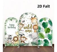 Shein 1 pieza/65 piezas Fondo de arco de boda con tema de animales 2D plano, decoración de fiesta de cumpleaños, fondo de tela elástica con hojas verdes (so