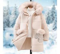 Shein 1 pieza Abrigo acolchado con capucha de longitud media, con cuello de piel, bolsillos y decoración con lentejuelas, cierre con cremallera, prenda de v