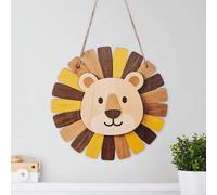 Shein 1 pieza Adorno de cabeza de león de madera colgante, decoración de pared animal de doble capa de estilo de dibujos animados, arte de pared con cabeza
