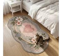 Shein 1 pieza, Alfombra larga ovalada con diseño asimétrico de corazón floral y ondas, base de madera desgastada combinada con flores rosadas y blancas en f