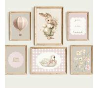 Shein 1 pieza, Arte de pared de lienzo, Decoración de pared de guardería enmarcada, Pintura con tema de guardería en rosa vintage, con flores y conejos, cis